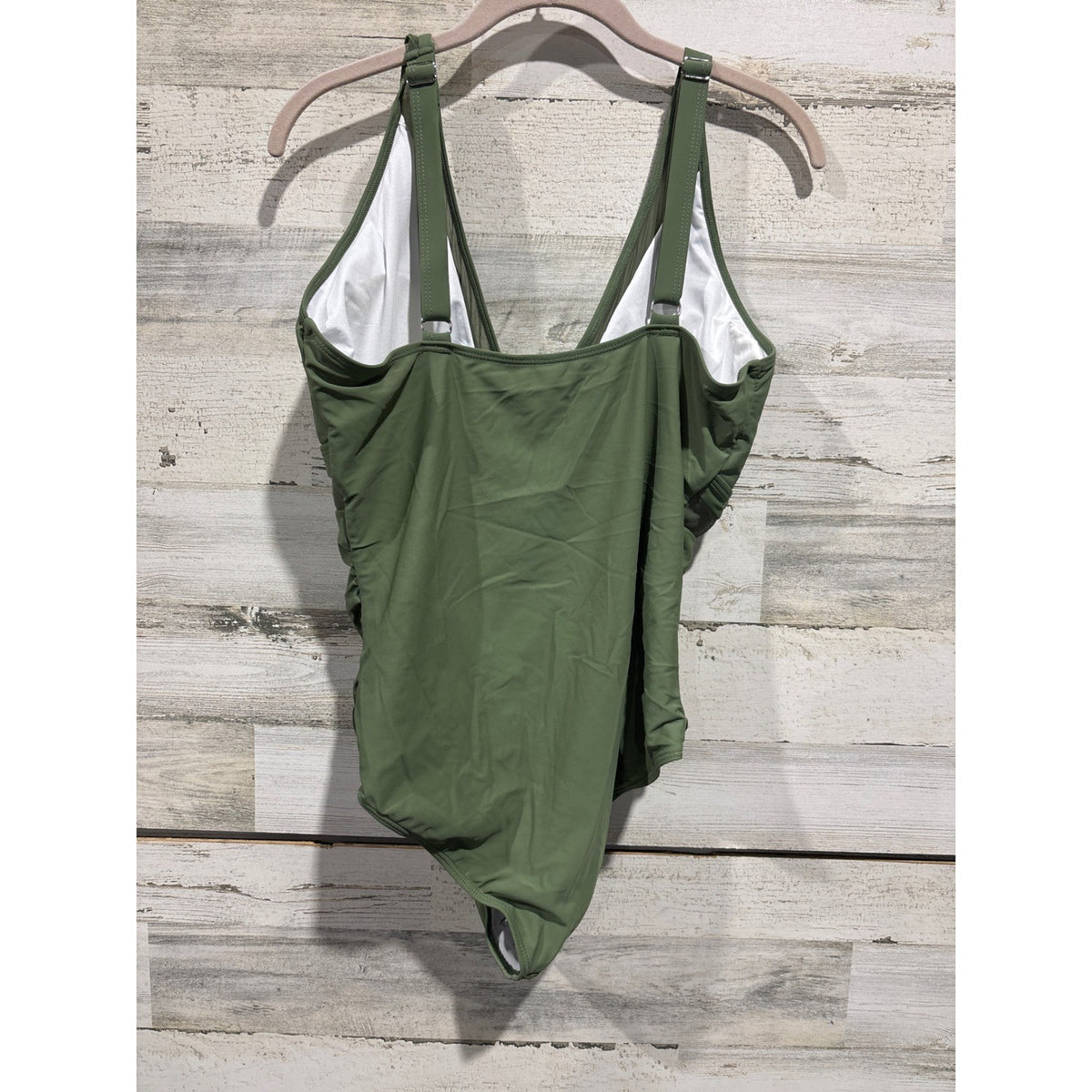 One Piece Swimsuit Women XL Olive Green Mesh Ruched Plunge EUC1