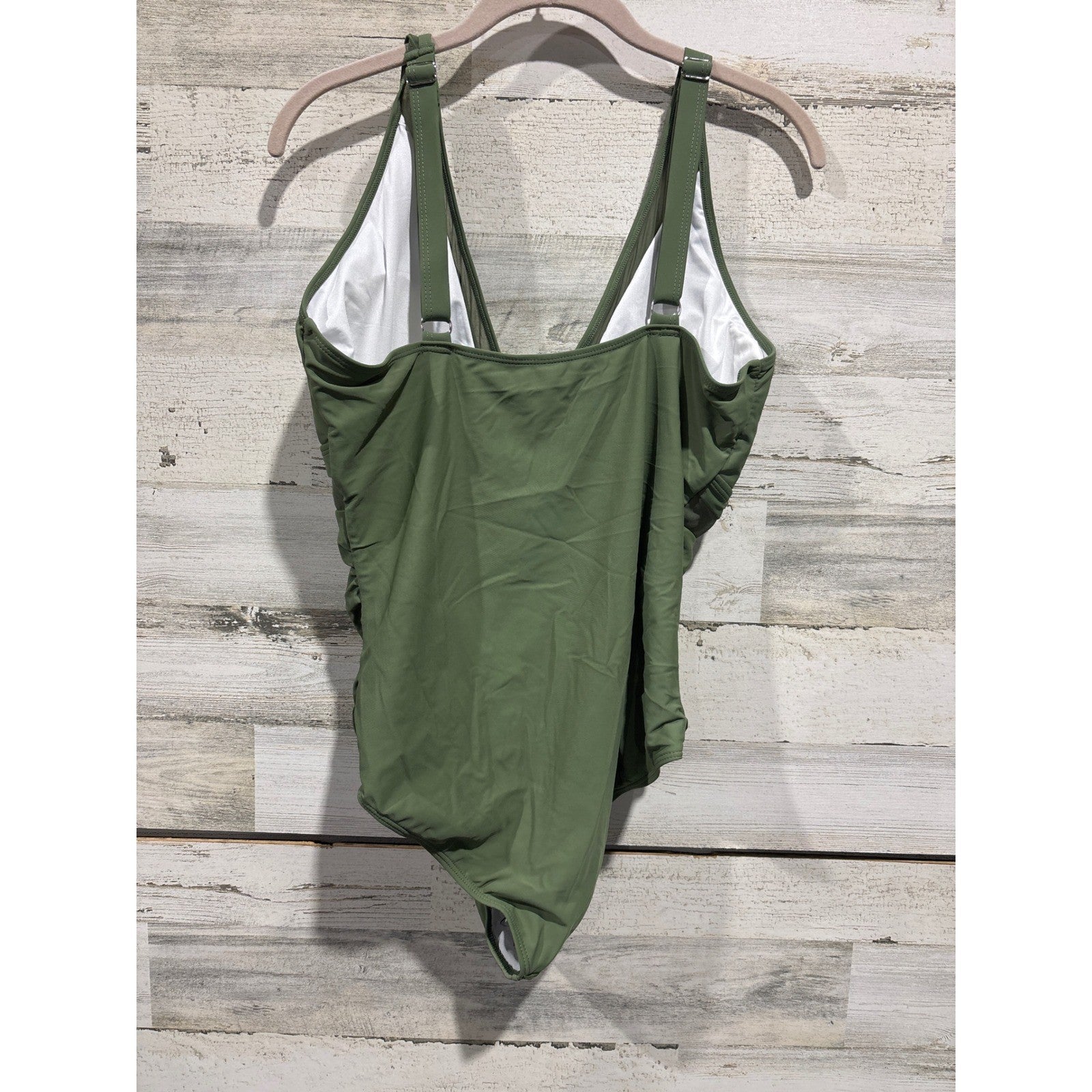 One Piece Swimsuit Women XL Olive Green Mesh Ruched Plunge EUC1