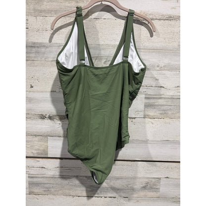 One Piece Swimsuit Women XL Olive Green Mesh Ruched Plunge EUC1