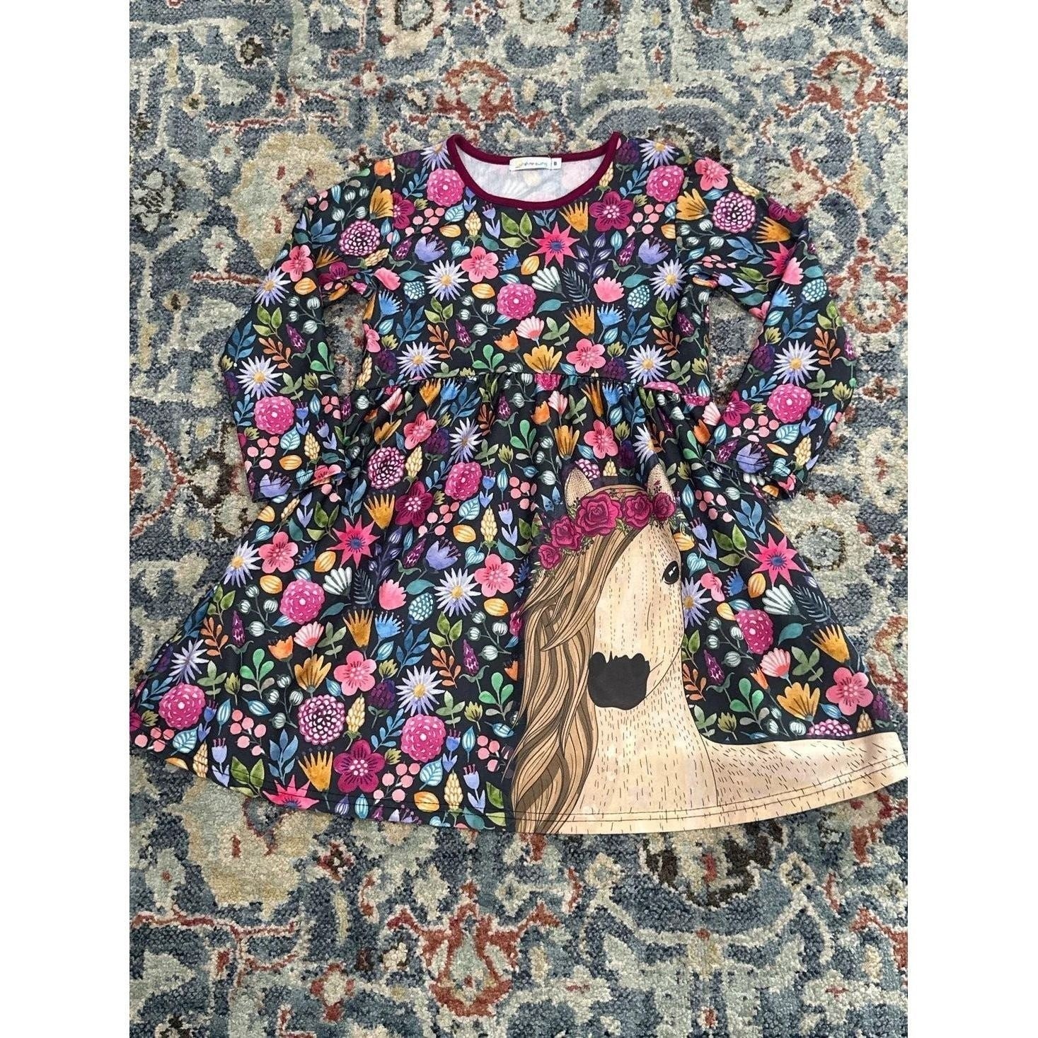 Sunshine Swing Dress Girls Size 8 Black Floral Horse Graphic Long Sleeve EUC0
