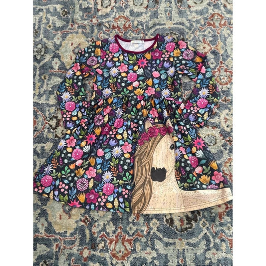 Sunshine Swing Dress Girls Size 8 Black Floral Horse Graphic Long Sleeve EUC0