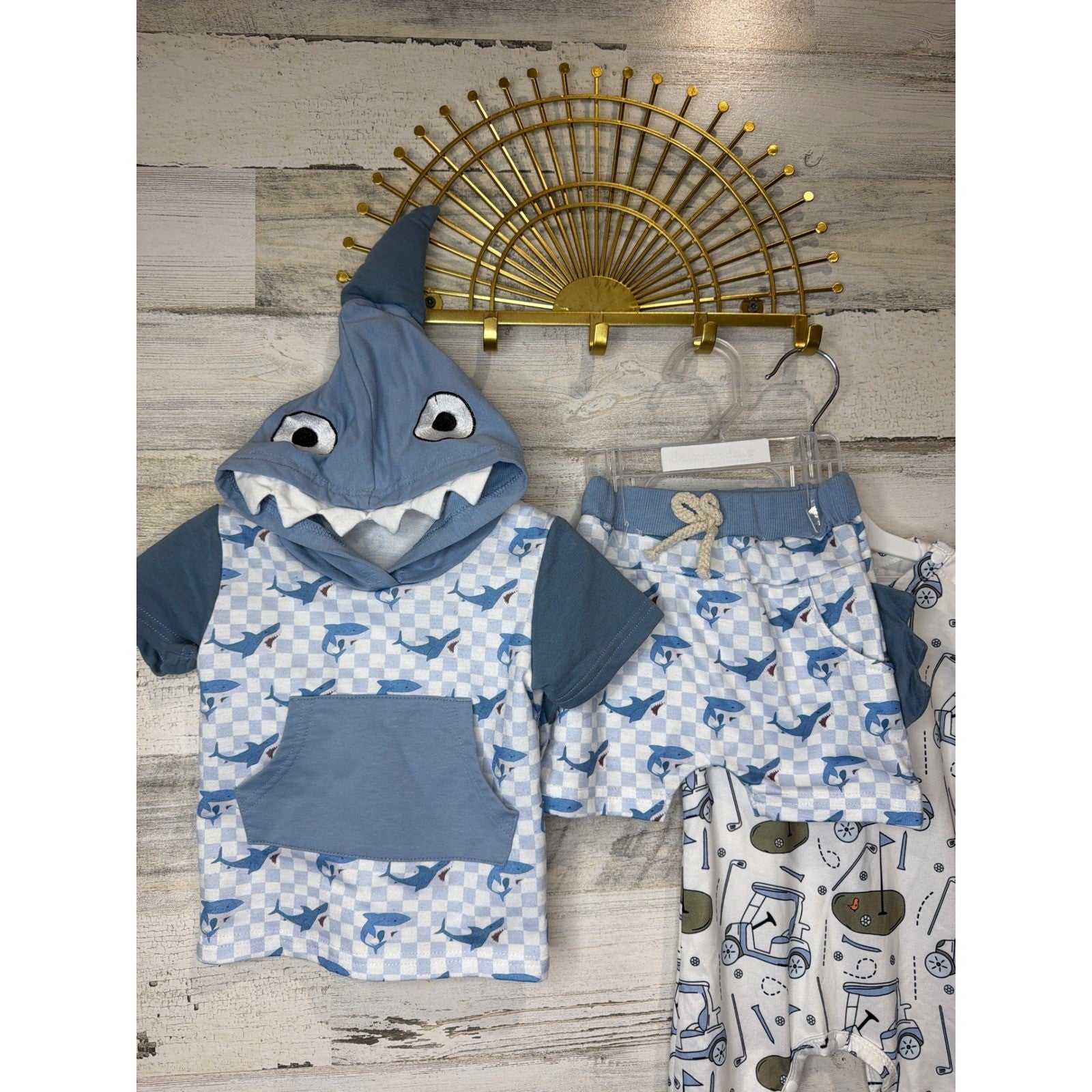 Boutique Shorts Set Romper Bundle Boys 6-12M Blue Shark Golf Coastal1