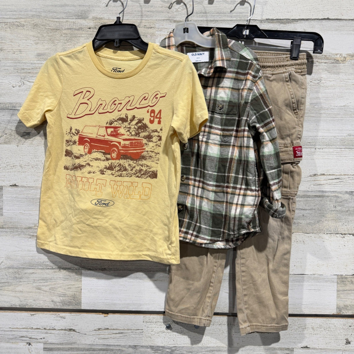 Ford Old Navy Levi's Outfit Set Boys 6/7 Khaki Green Plaid Bronco GUC0