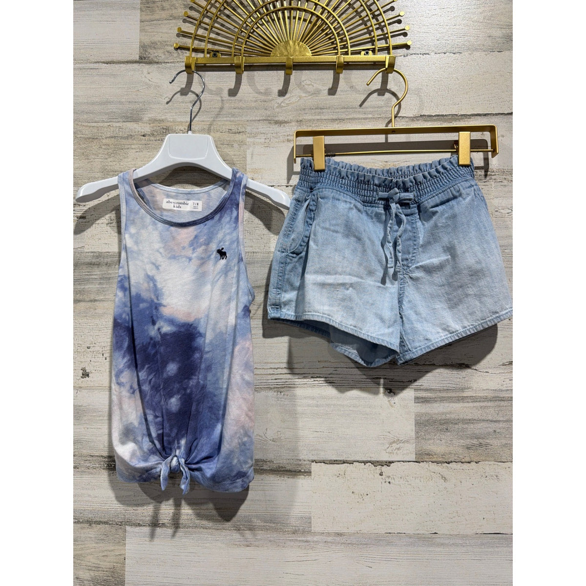 Abercrombie Tank Shorts Set Girls 7/8 Blue Tie Dye Knot Front Summer EUC0