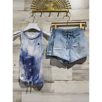 Abercrombie Tank Shorts Set Girls 7/8 Blue Tie Dye Knot Front Summer EUC0