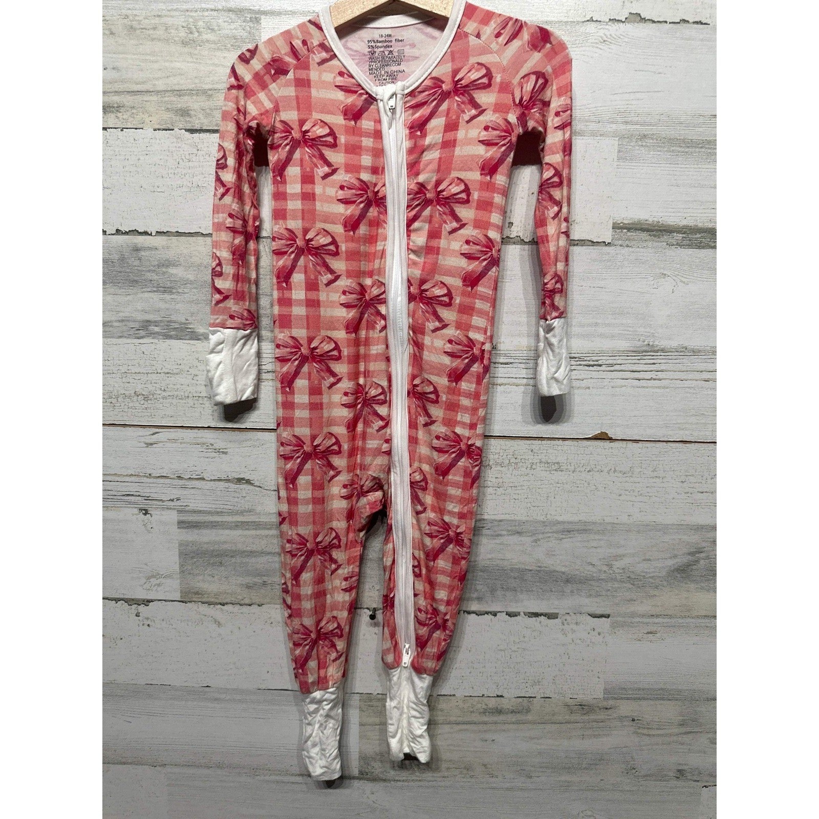 Girls 18/24M Pink Gingham Bow Bamboo Romper EUC0