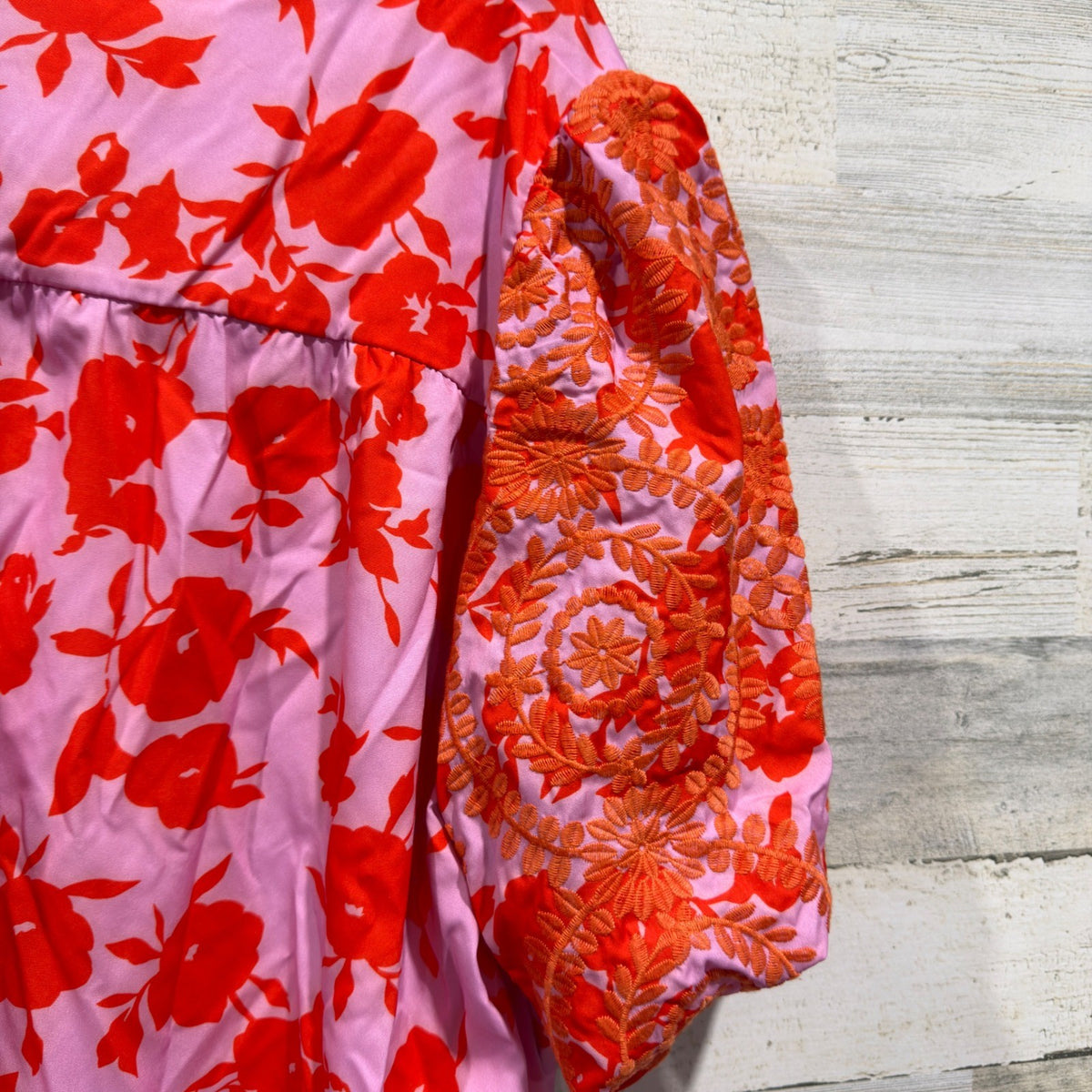 Gaudie Floral Blouse Women Large Pink Red Embroidered Puff Sleeve Boho EUC6
