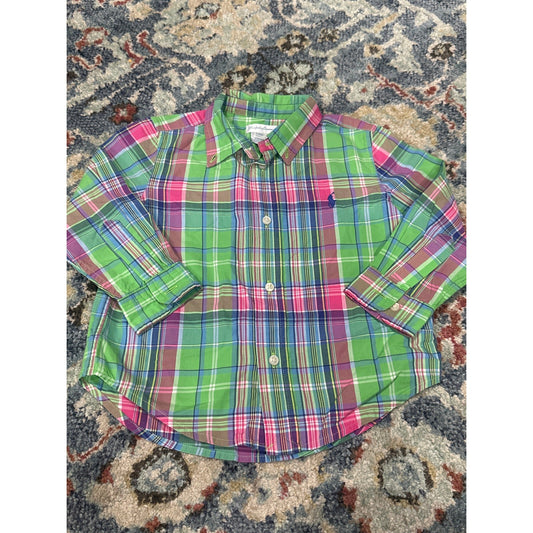 Ralph Lauren Button Down Kids 24M Green Pink Madras Plaid EUC0