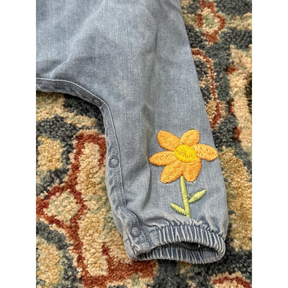 Mud Pie Denim Romper Girls 9-12M Blue Floral Embroidered Harem Jumpsuit EUC1