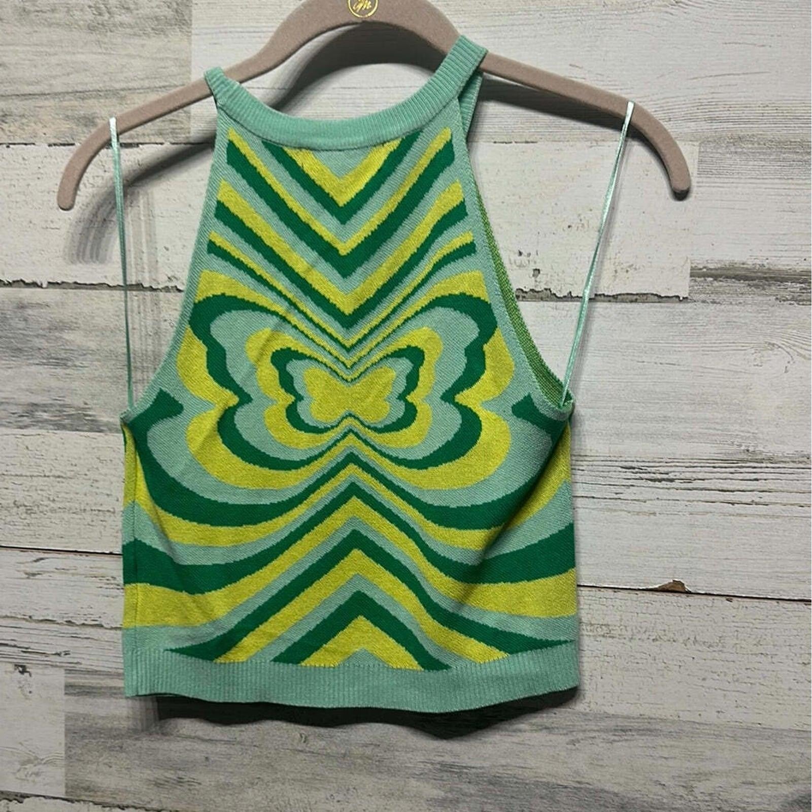 Witty Fox Halter Top Women Medium Green Butterfly Psychedelic Knit Crop EUC2