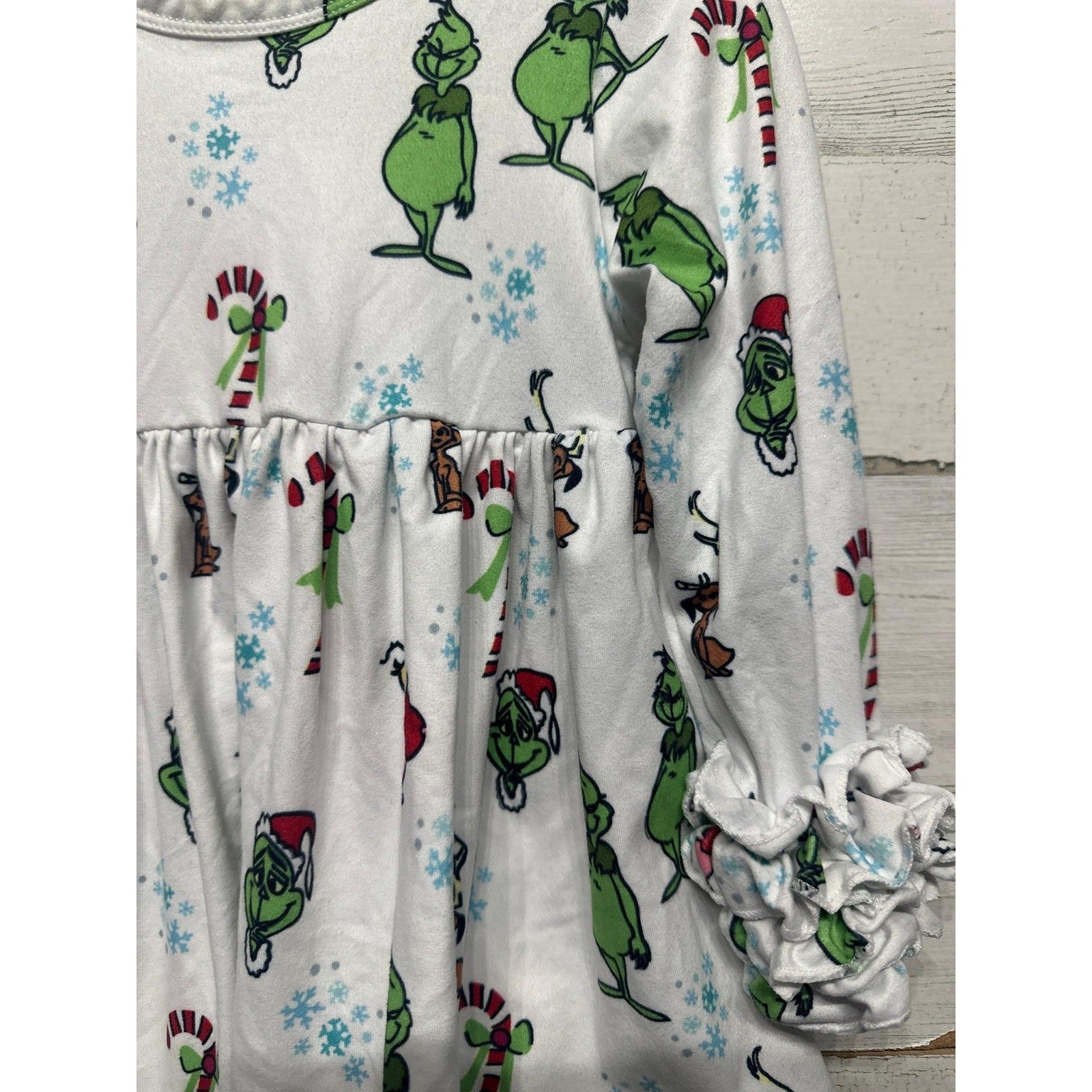 Grinch Holiday Dress Girls 12M White Green Ruffle Sleeve EUC1