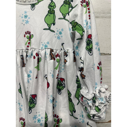 Grinch Holiday Dress Girls 12M White Green Ruffle Sleeve EUC1