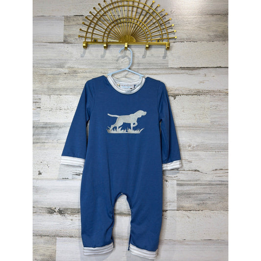 Wee Belles & Beaus Romper Boys 2T Blue Dog Embroidery Southern Preppy EUC0
