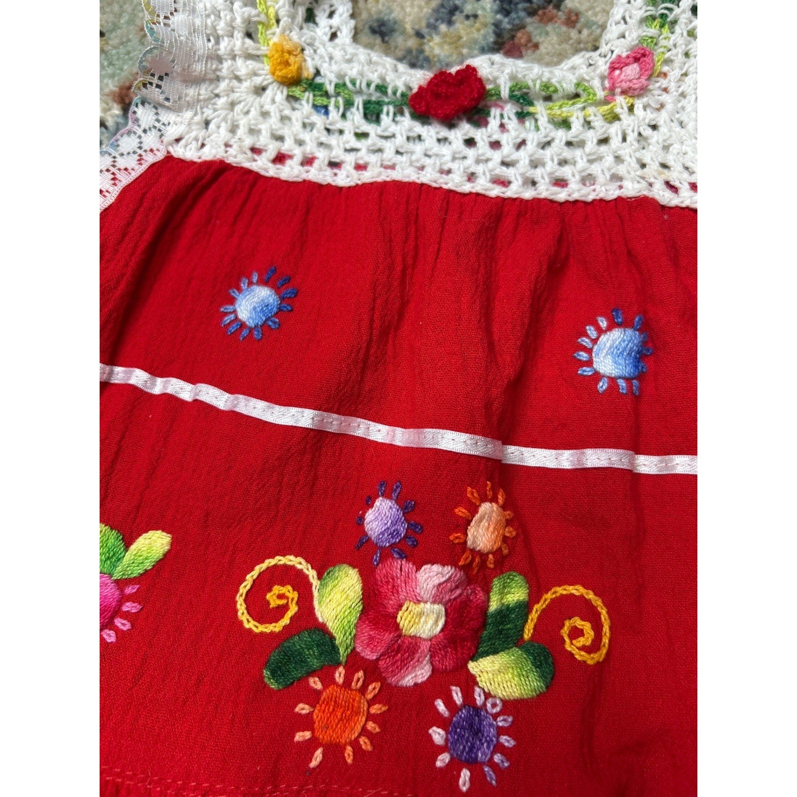 Baby Mexican Embroidered Dress Infant 0 (Fits 0-12m) Red Floral Crochet Lace EUC1