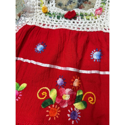 Baby Mexican Embroidered Dress Infant 0 (Fits 0-12m) Red Floral Crochet Lace EUC1