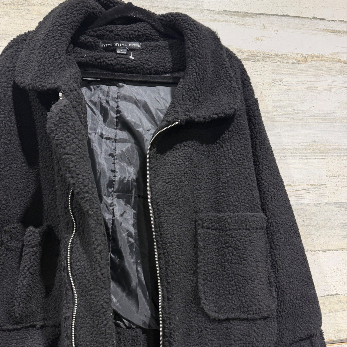 Hyfve Sherpa Jacket Women Large Black Polyester Teddy Fleece Casual EUC4