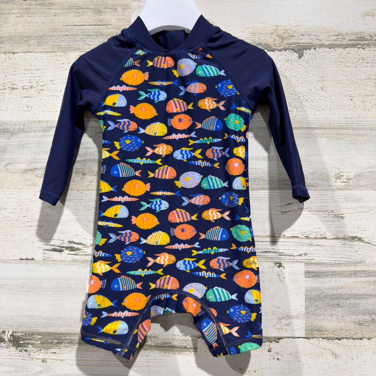 UpAndFast Rash Guard Swimsuit Baby Boys 6-9M Navy Blue Fish Print Coastal EUC0