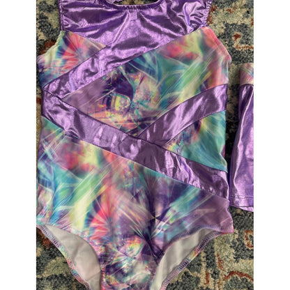Iefiel Leotard and Shorts Set Girls Size 6 Purple Metallic Galaxy Print EUC1
