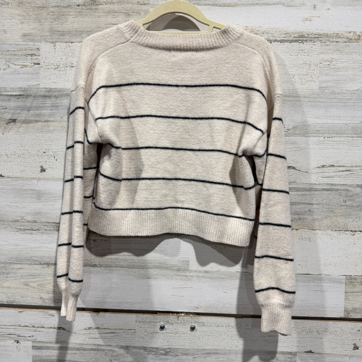SHEIN Striped Crop Sweater Womens M Cream Black Acrylic Nautical Preppy EUC4