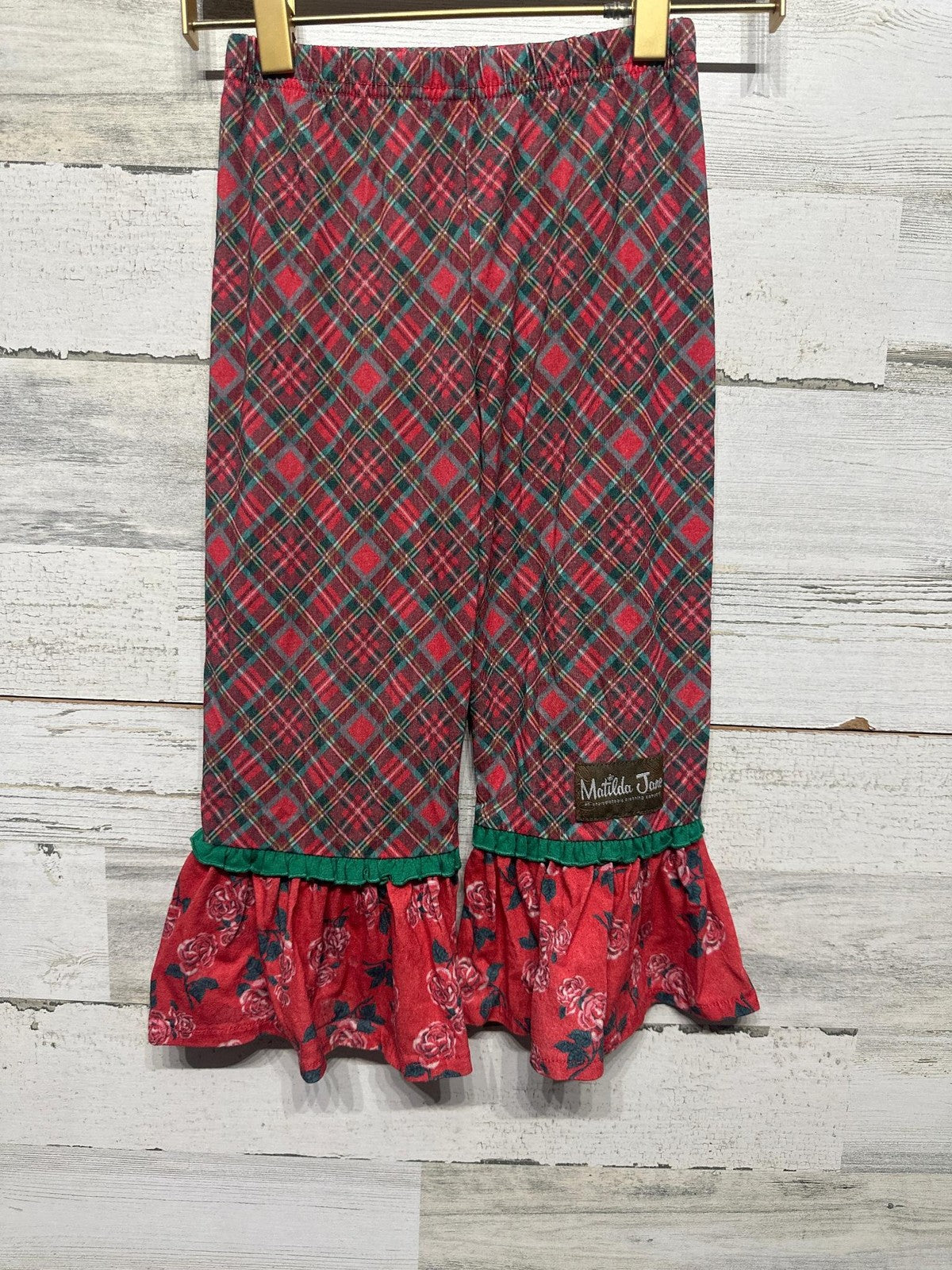 Matilda Jane Ruffle Pajama Pants Girls 4 Red Green Plaid Floral Holiday0