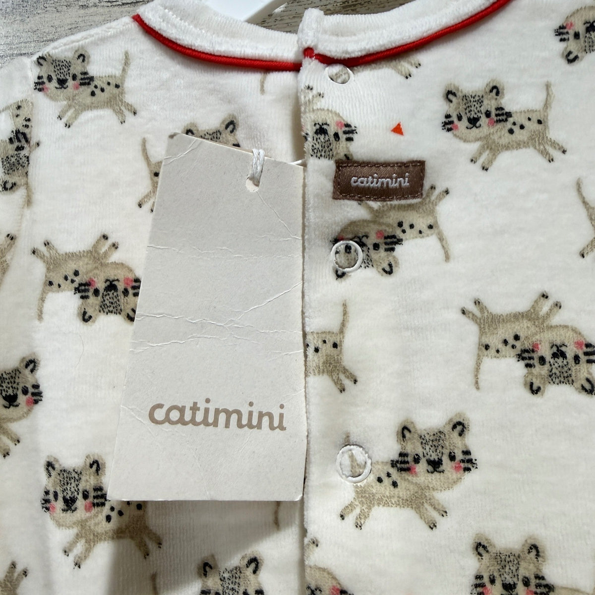 Catimini Footed Sleeper Baby 9M Ivory Leopard Print Bear Back NWT3
