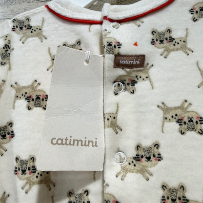 Catimini Footed Sleeper Baby 9M Ivory Leopard Print Bear Back NWT3