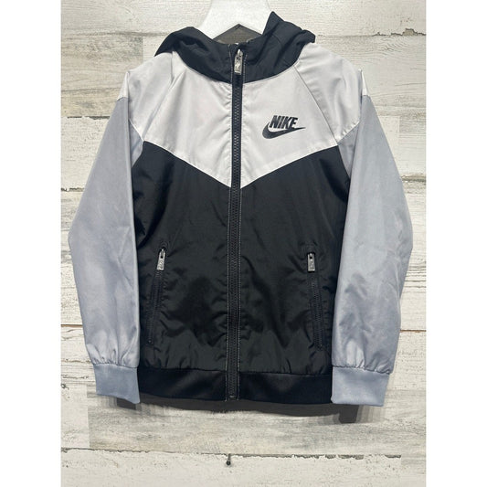 Nike Windrunner Windbreaker Kids Size 5 Black White Grey Hooded Jacket EUC0