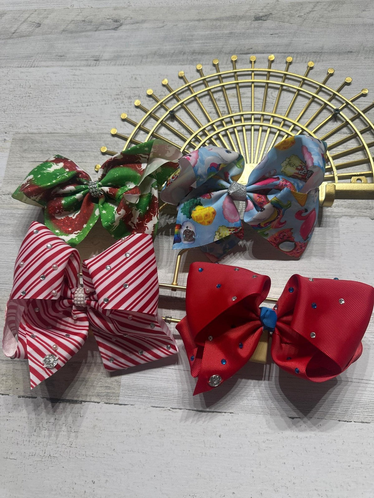 JoJo Siwa Hair Bows Girls OS Multicolor Holiday Rhinestone Pearl 4pc Set EUC0