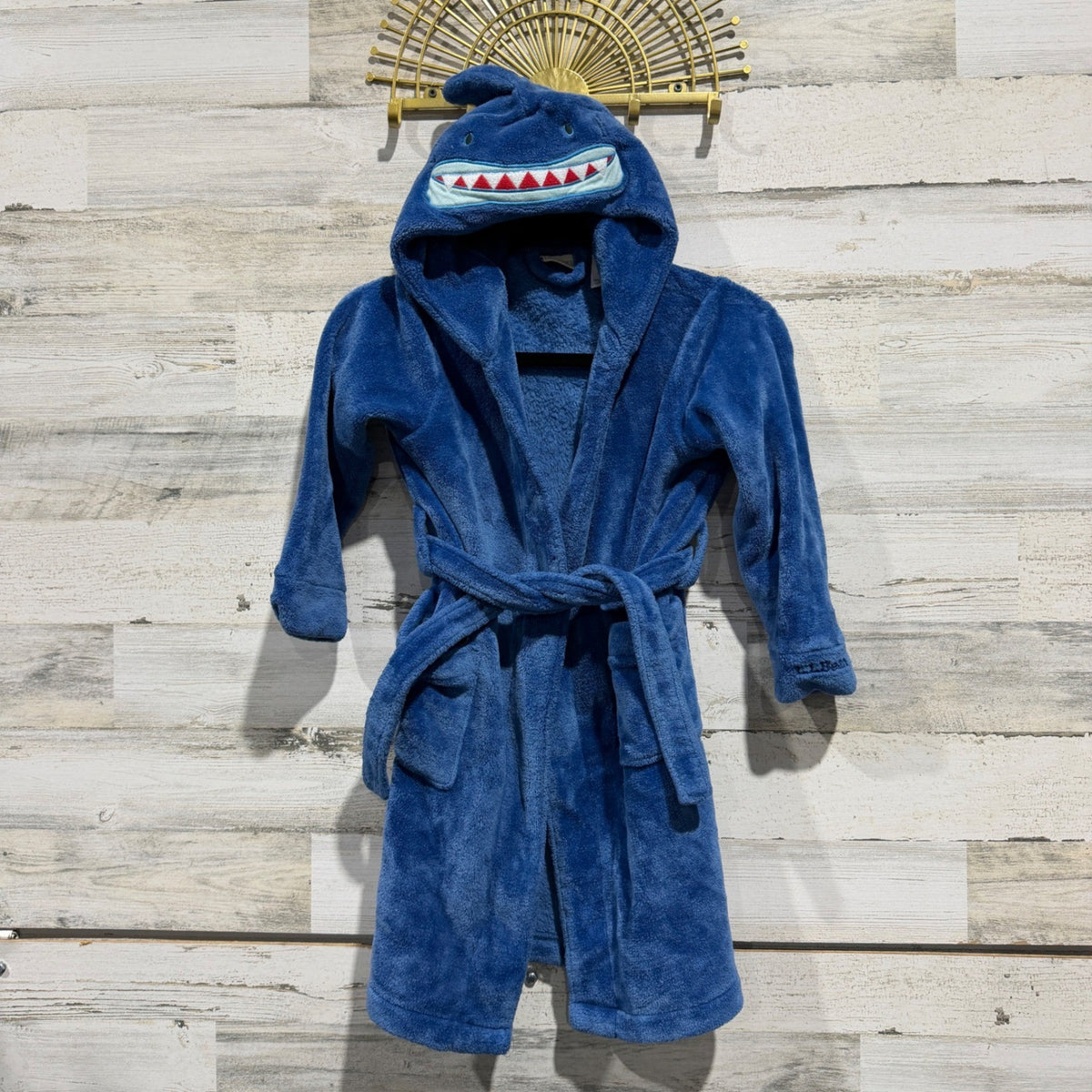 L.L. Bean Shark Hooded Fleece Robe Kids 5-6 Blue Polyester Animal Flawed*0