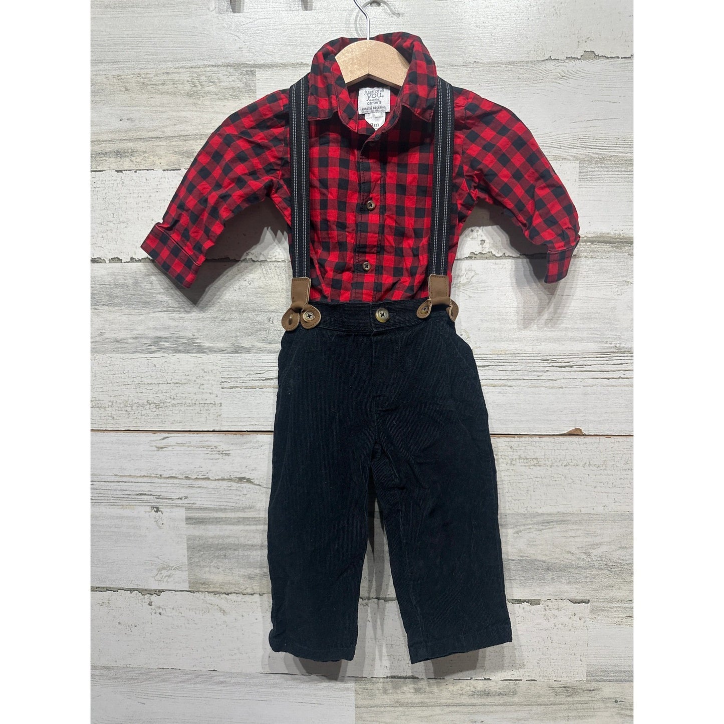 Just One You Outfit Set Boys 9M Red Buffalo Plaid Corduroy Suspenders EUC0