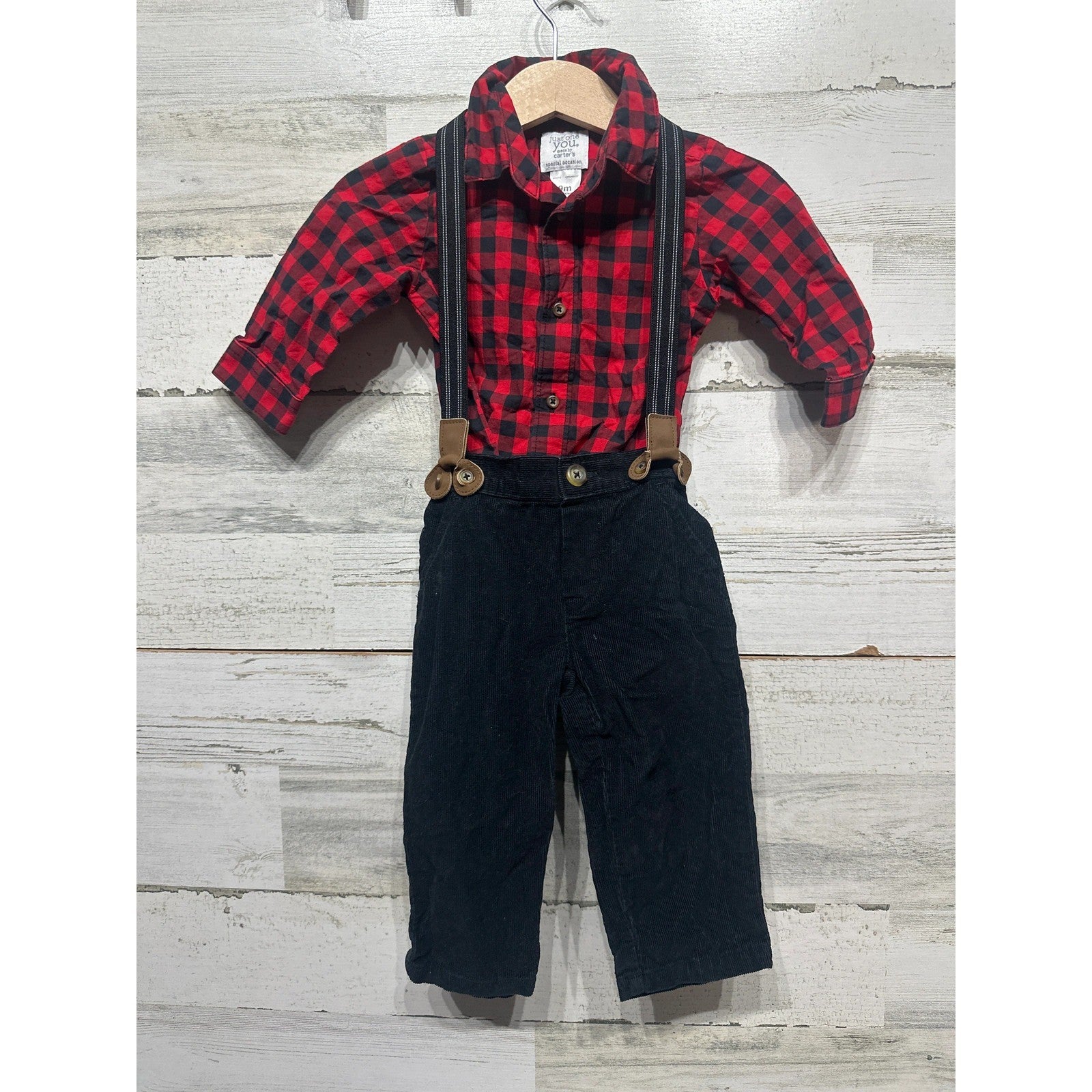 Just One You Outfit Set Boys 9M Red Buffalo Plaid Corduroy Suspenders EUC0