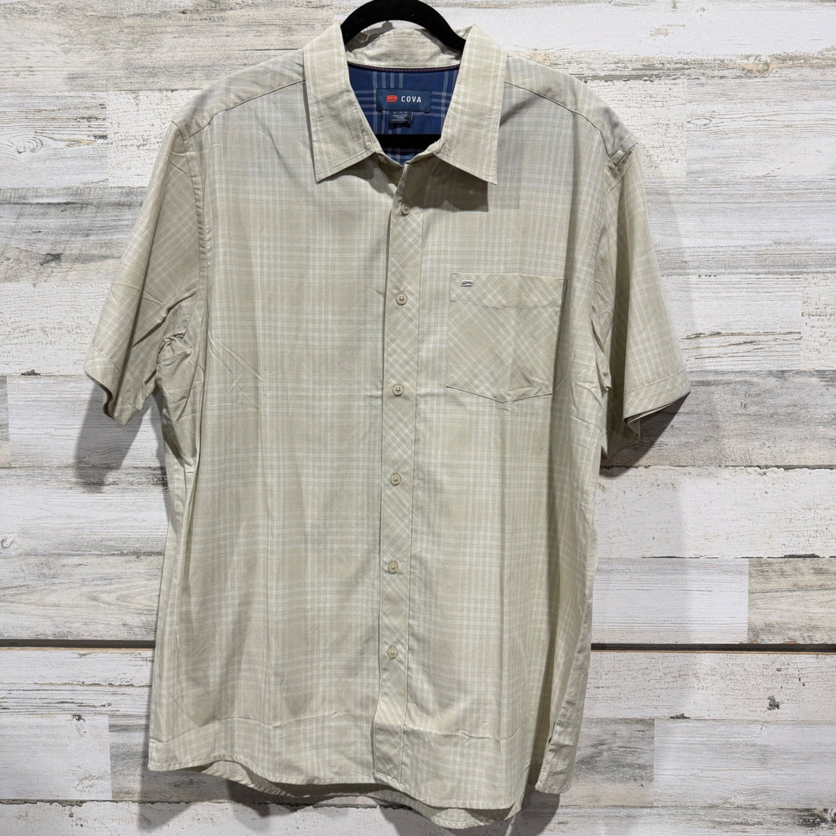 COVA Short Sleeve Button Up Shirt Mens XL Tan Plaid Tencel Cotton EUC0
