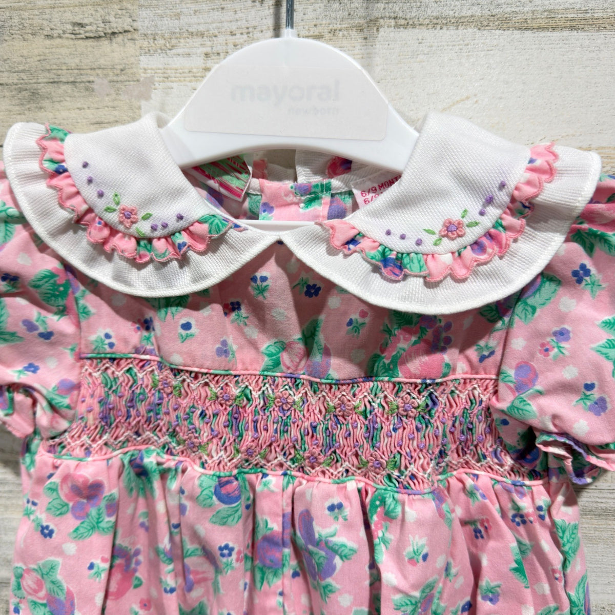 Allison Ann Romper Girls 6-9M Pink Floral Smocked Peter Pan Collar Vintage EUC1