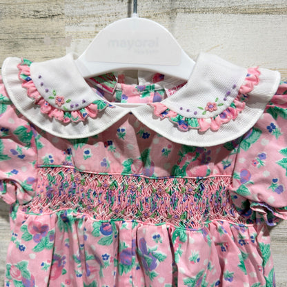 Allison Ann Romper Girls 6-9M Pink Floral Smocked Peter Pan Collar Vintage EUC1