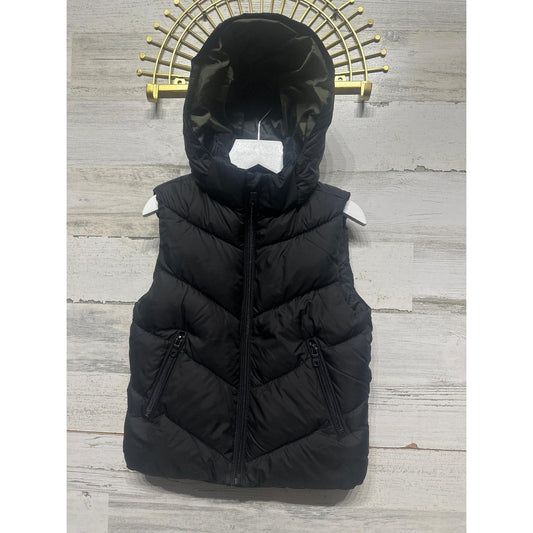 Zara Puffer Vest Kids Size 5 Black Chevron Quilted Hooded EUC0