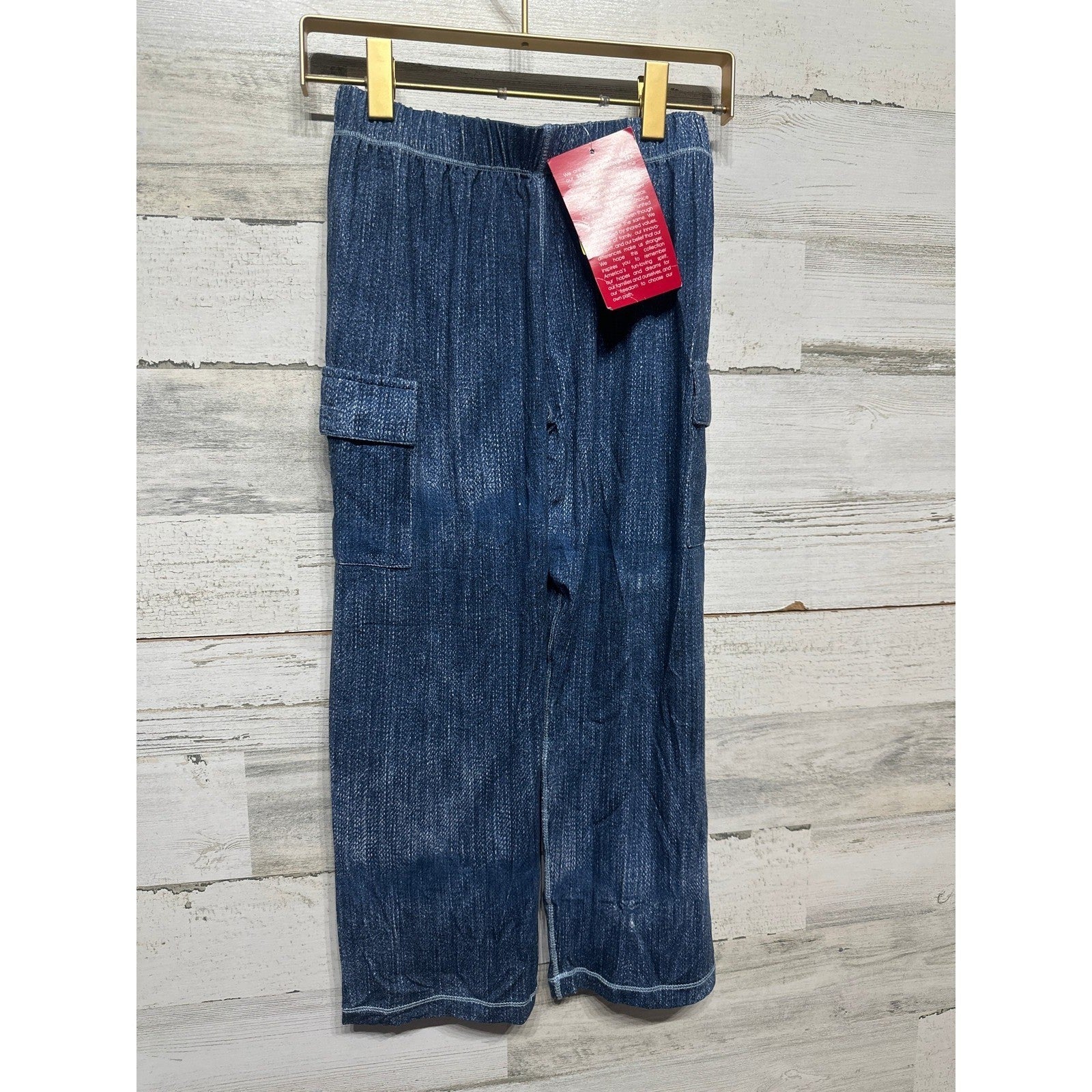 Kickee Pants Cargo Bamboo Pants Boys 8 Blue Denim Print Elastic Waist NWT1