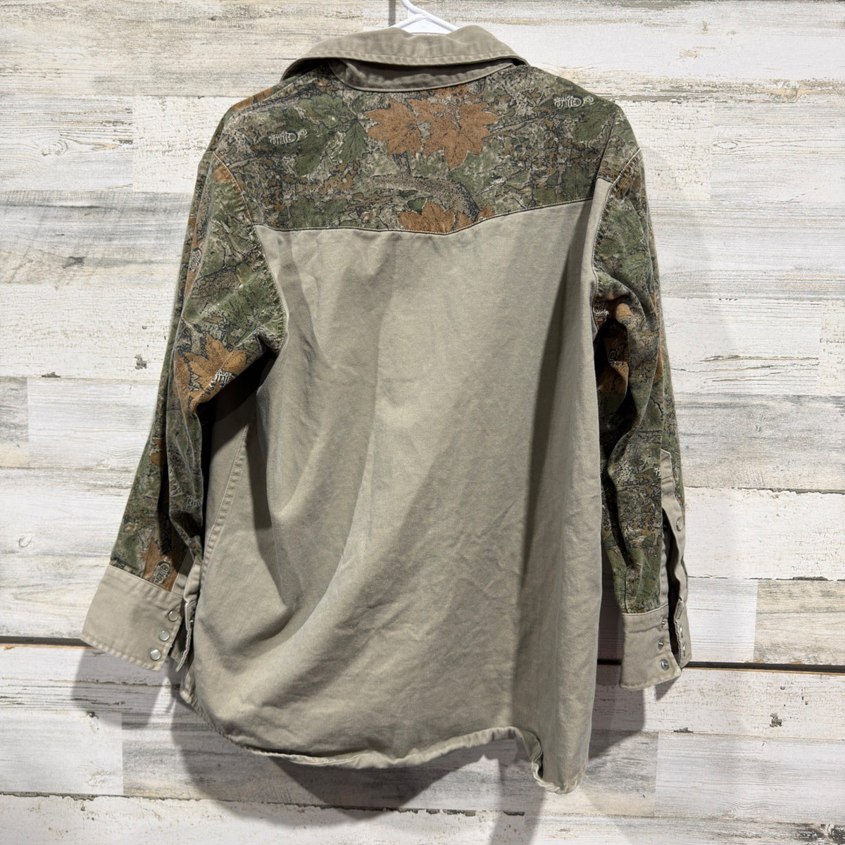 Rasco Cajun Camo Western Work Shirt Men Small Tan Green Pearl Snap Flawed*6