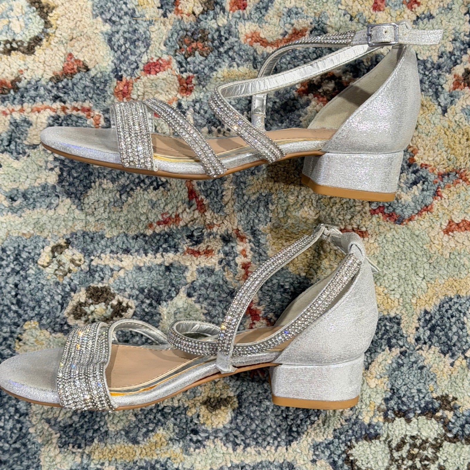 Copper Key Rhinestone Dress Sandals Girls 1 Silver Glitter Block Heel Glam GUC1