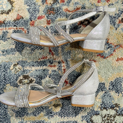 Copper Key Rhinestone Dress Sandals Girls 1 Silver Glitter Block Heel Glam GUC1