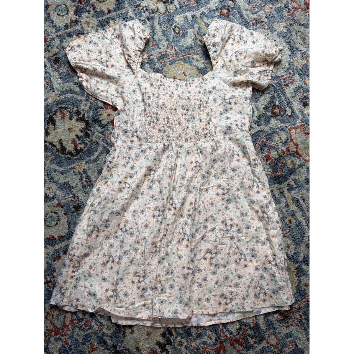 H&M Linen Blend Dress Women XL Cream Floral Puff Sleeve Tie Front NWT4