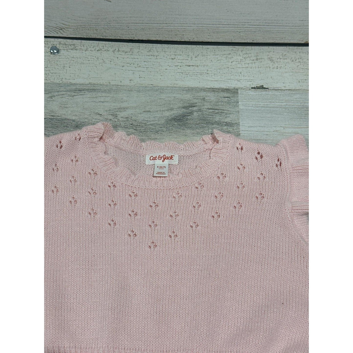 Cat & Jack Sweater Dress Girls S 6/7 Pink Ruffle Pointelle Knit EUC1