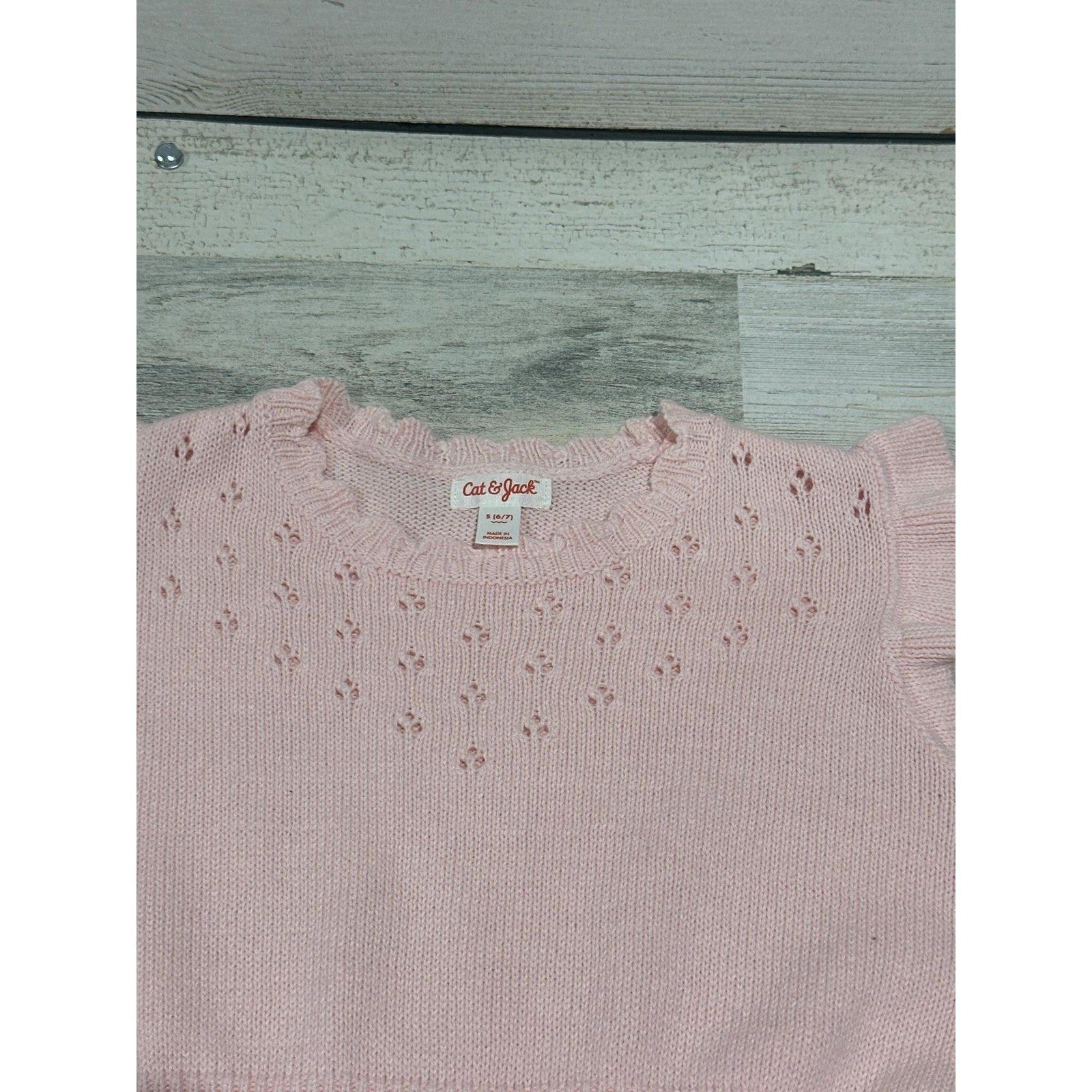 Cat & Jack Sweater Dress Girls S 6/7 Pink Ruffle Pointelle Knit EUC1