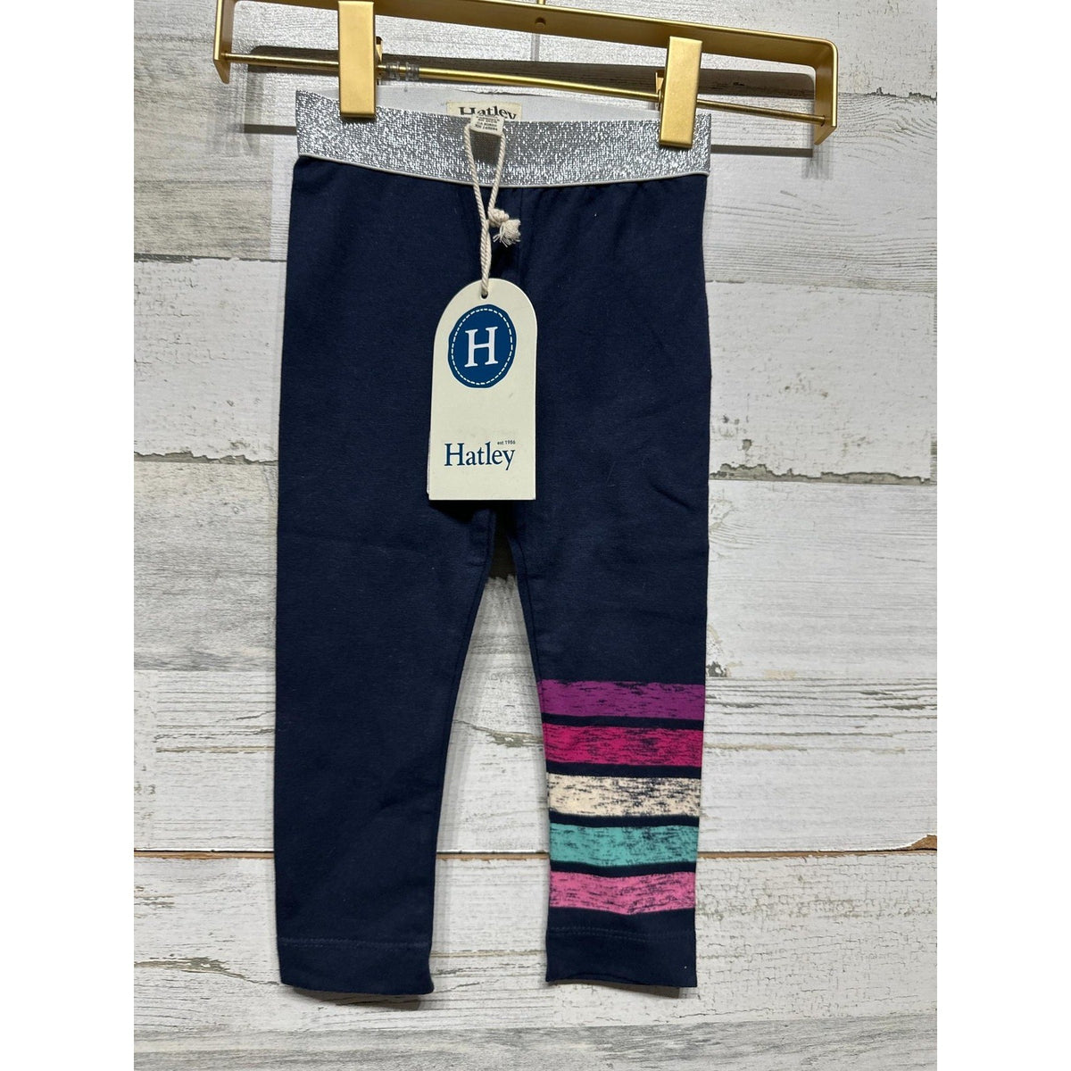 Hatley Leggings Girls Size 2 Navy Blue Glitter Waist Striped NWT0
