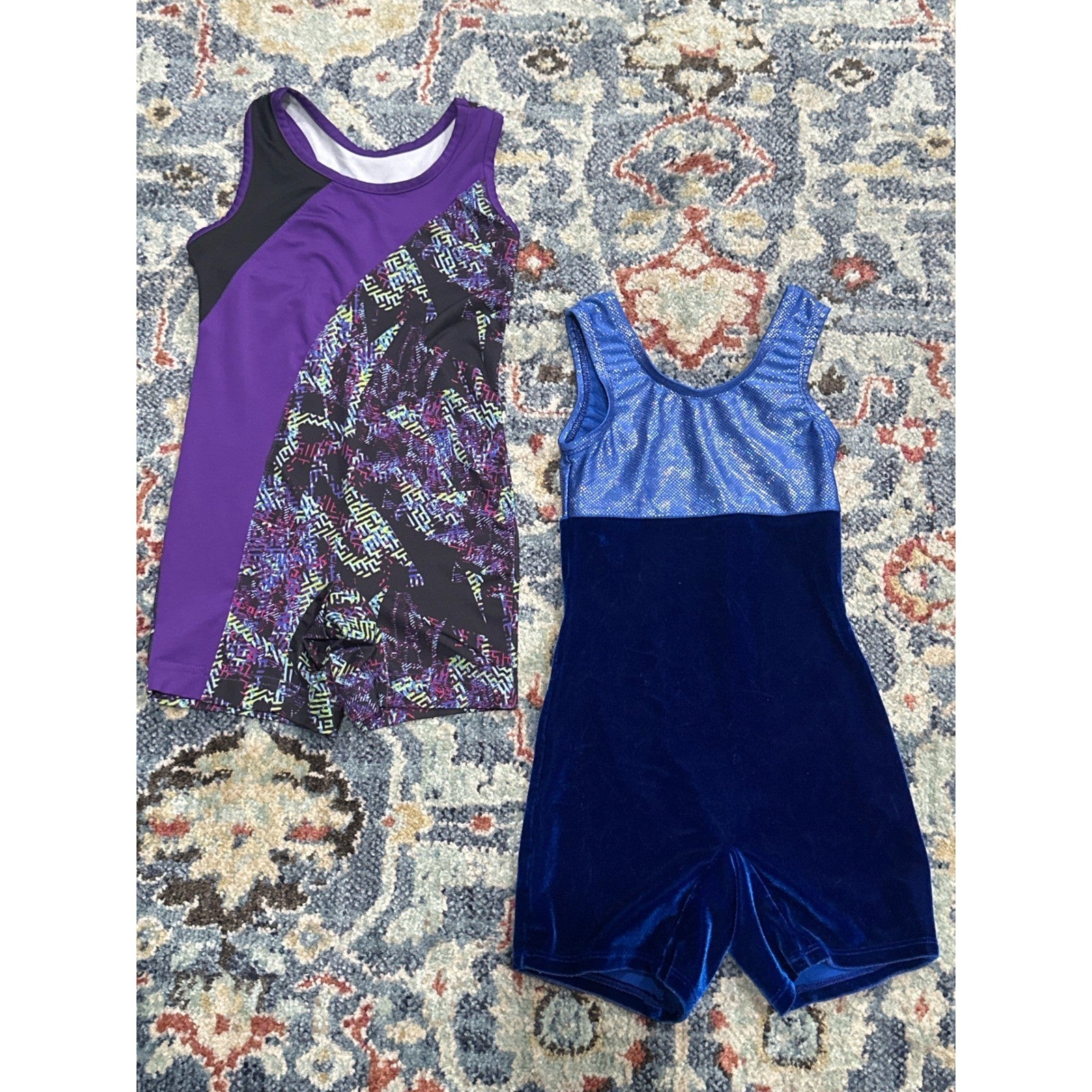 Dance Unitard Bundle Biketard Girls XS 4-5 Purple Blue Velvet Geometric EUC0