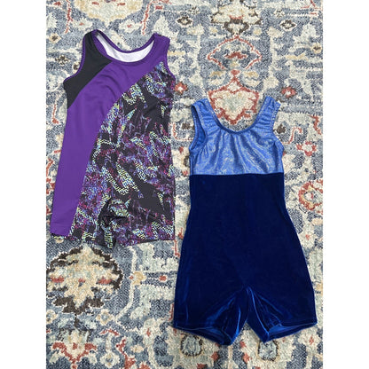 Dance Unitard Bundle Biketard Girls XS 4-5 Purple Blue Velvet Geometric EUC0