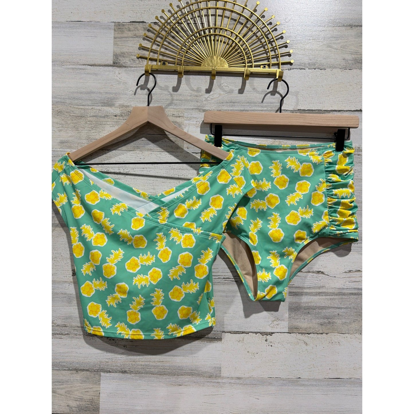 Kortni Jeane Swimsuit Women Medium Green Pineapple High Waist Modest Retro EUC0