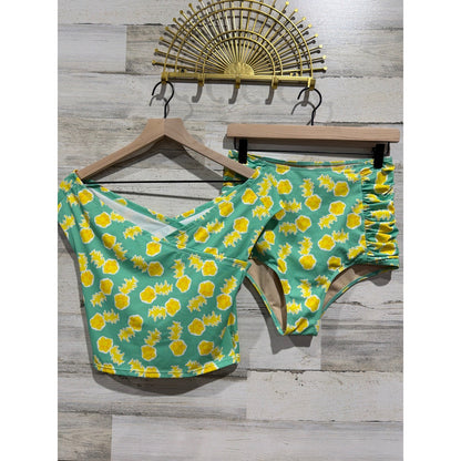 Kortni Jeane Swimsuit Women Medium Green Pineapple High Waist Modest Retro EUC0