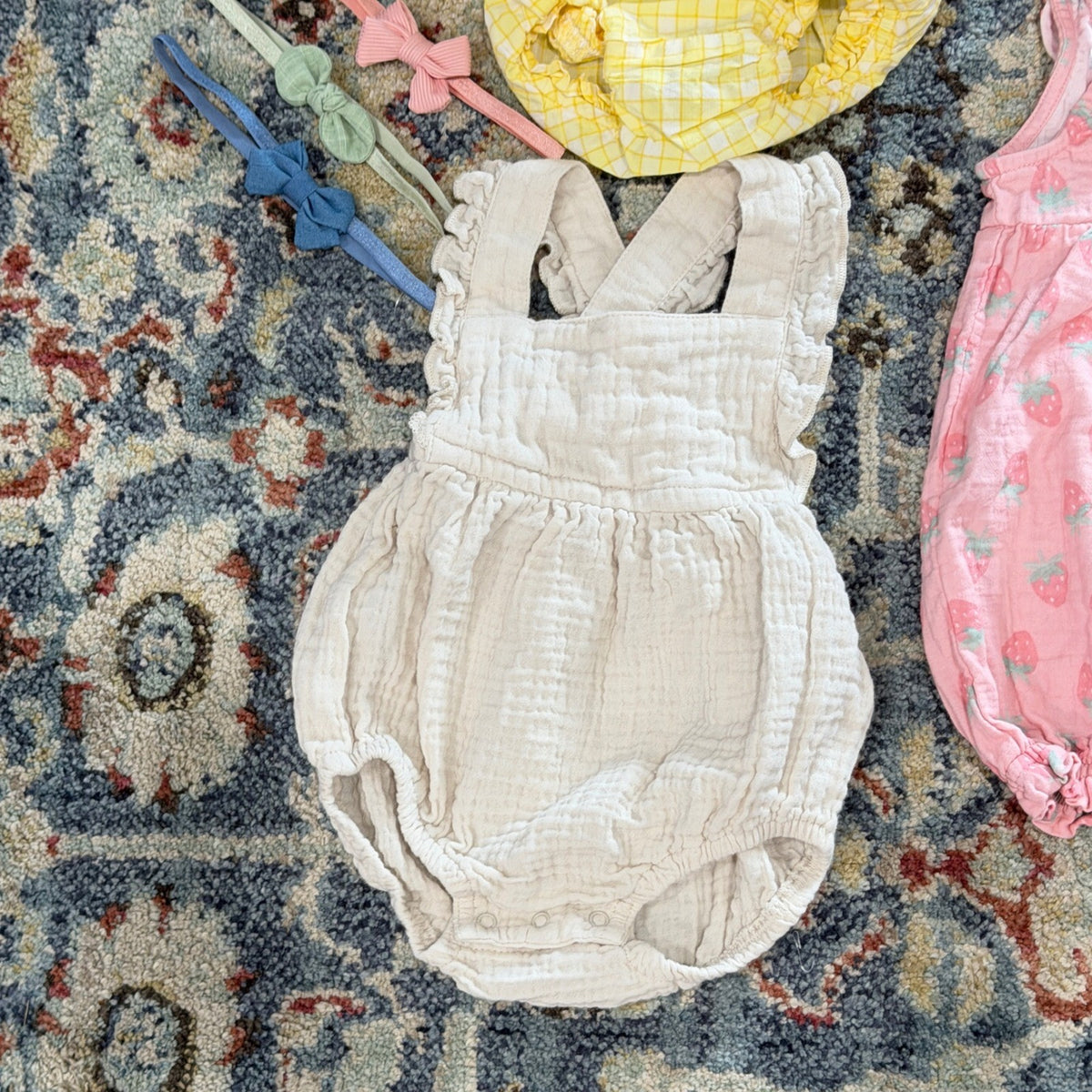 Baby Gap Burts Bees Cloud Island Girls 3-6M Yellow Pink Cream Romper Bundle EUC2