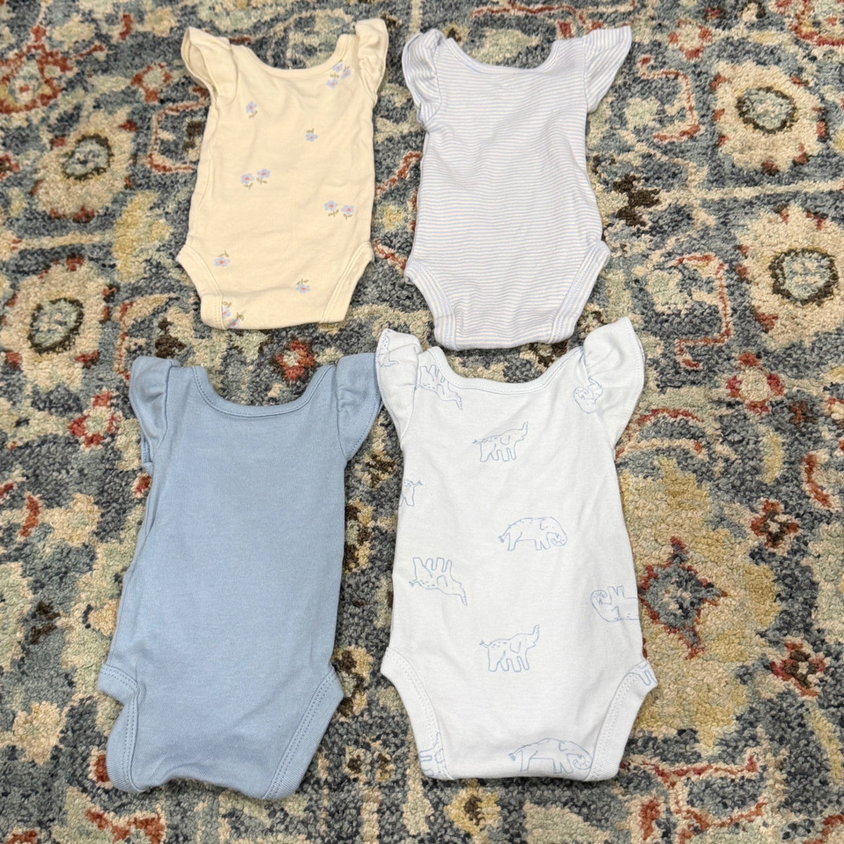 Carter's Bodysuit Set Girls Preemie Blue Yellow Floral Elephant Flutter EUC3