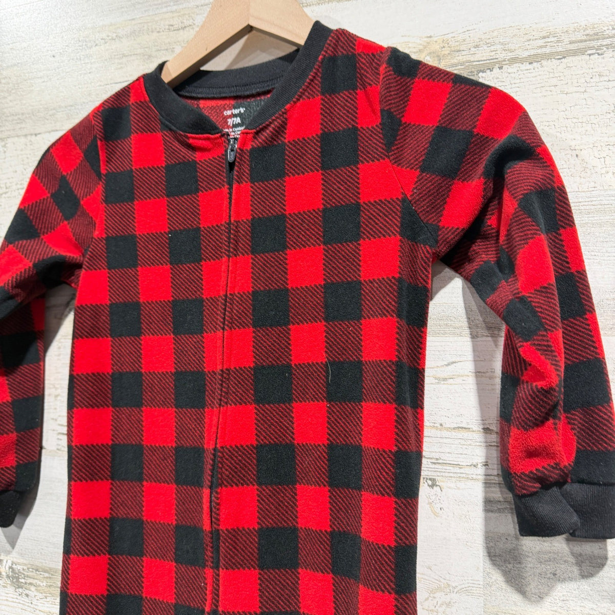 Carter's Buffalo Plaid Footed Pajamas Boys 7 Red Black Fleece Holiday Classic1